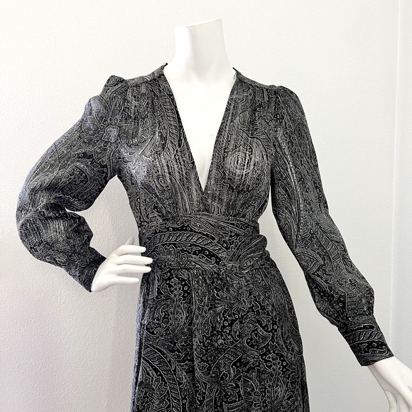 Zara Black Semi Sheer Paisley print wrap full length Dress - Size M - Picture 2 of 6